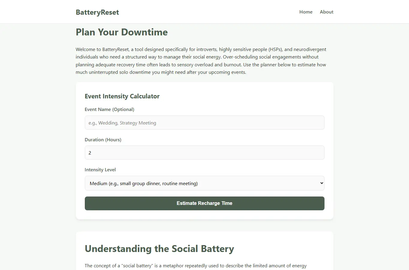 Screenshot of BatteryReset | Social Battery Refueling Planner interface showing the project page in use